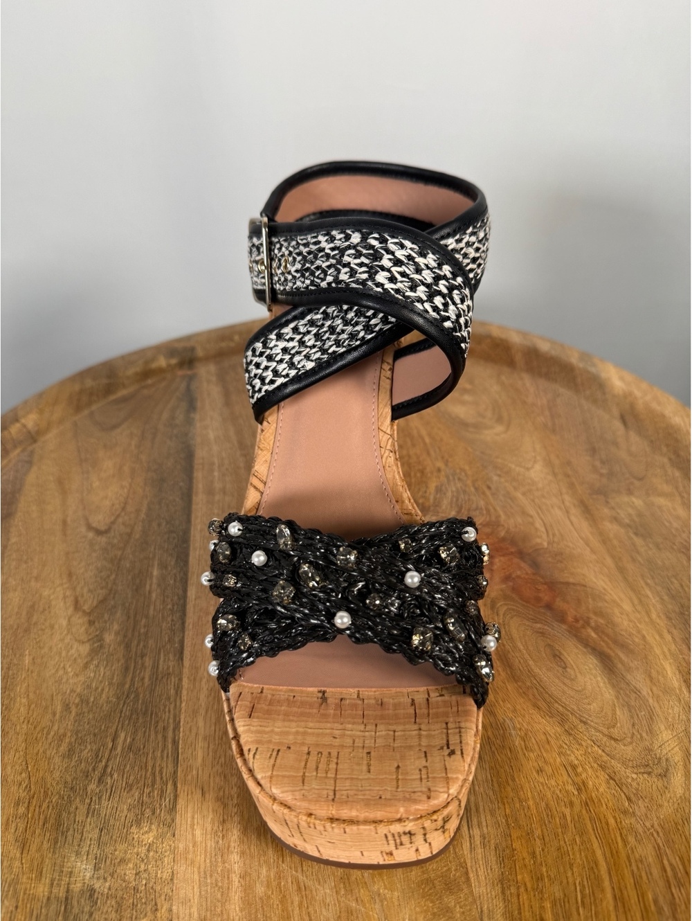 NWB Linea Paolo Varena Black Raffia Embellished Wedge Sandals Size 10 - Picture 6 of 10